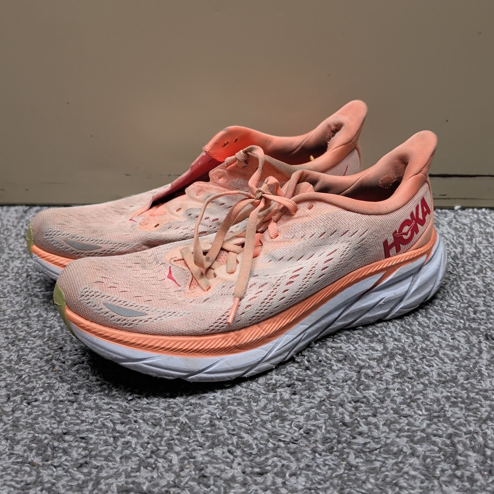Hoka One One Clifton 8 Running Shoes Womens 9 Cantaloupe Silver Athletic